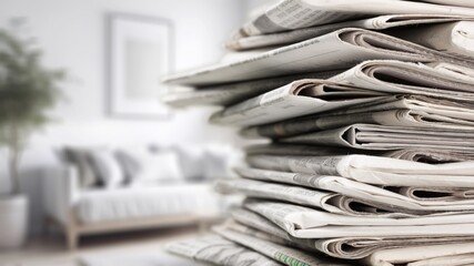 Stack of retro newspapers at different languages on desk indoors