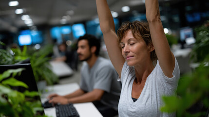 A relaxed woman stretching in a modern office environment filled with plants, promoting wellness and mindfulness while showcasing the importance of self-care at work.