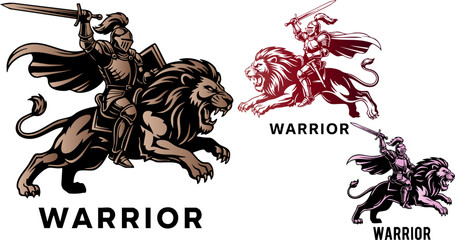 Knights riding lions into battle with swords raised in a fantasy medieval setting