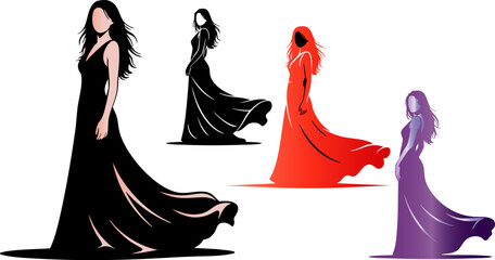 Elegant women in flowing gowns showcase fashion and style in a minimalist design