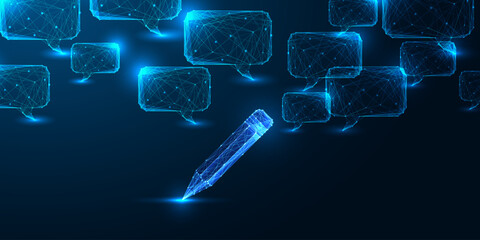 AI content creation and digital writing with low poly pencil and glowing communication bubbles © Inna