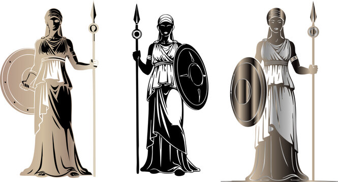 Three depictions of Athena the Greek goddess of wisdom and strategic warfare
