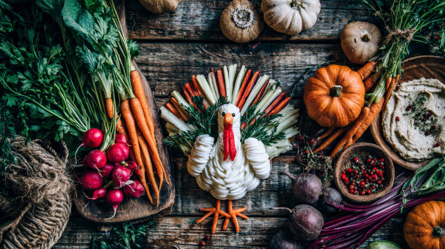 A table full of vegetables and a turkey shaped out of carrots and celery - Powered by Adobe