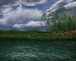 Riverbank Clouds – Expressive Clouds Landscape Digital Painting