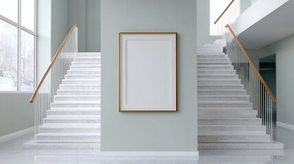 Obraz premium Modern Minimalist Staircase Interior with Golden Frame Artwork Display Mockup. Ai Generated Images