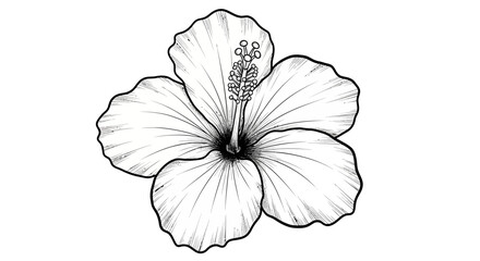 Elegant Hibiscus Flower in Black and White Detailed Line Art Drawing