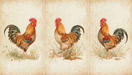 Farm-style watercolor painting of roosters with soft reds, yellows, and browns, over lightly stained parchment — rustic and charming naturalist farmhouse aesthetic.