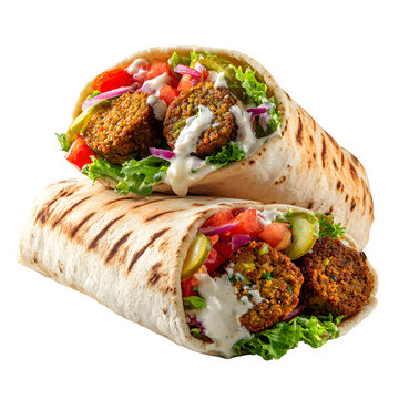 Delicious falafel wraps overflowing with fresh ingredients and creamy tahini sauce perfect for a quick, healthy, and satisfying meal. transparent background