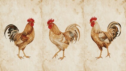 Farm-style watercolor painting of roosters with soft reds, yellows, and browns, over lightly stained parchment — rustic and charming naturalist farmhouse aesthetic.