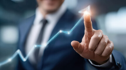 Elegant Shiny Man Touching Virtual Increasing Arrow Business Concept Graphic. Ai Generated Images