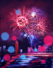 City River Fireworks – New Year’s Eve My handpainted Digital Painting