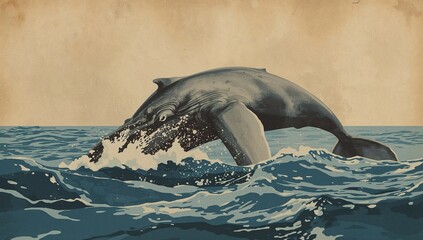 Classic marine naturalist painting of a whale breaching and diving, rendered in sepia and deep blue ink wash on aged nautical map-style parchment — evokes oceanic exploration and maritime wonder.