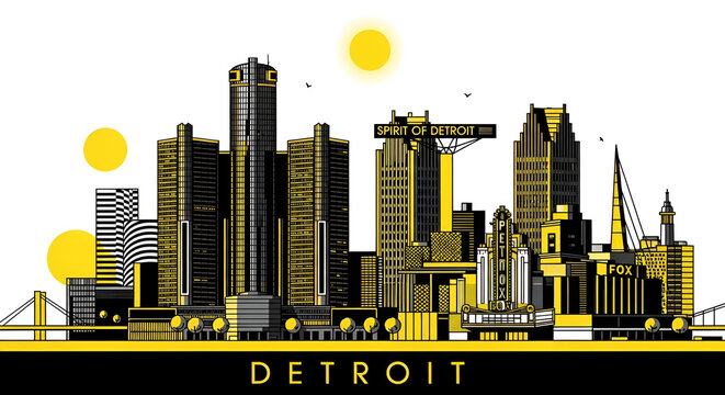 Vibrant Detroit Skyline Geometric Design and Cityscape Illustration in Yellow Tone