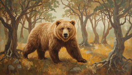 Painterly depiction of a brown bear roaming through ancient forest scenery, soft brushwork and warm sepia tones over aged parchment background — evokes natural majesty and vintage wilderness art.