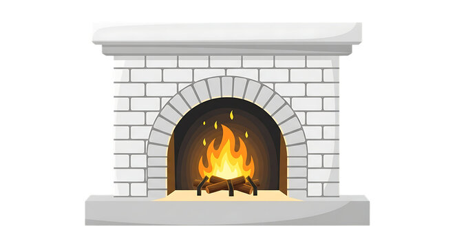 Cozy white brick fireplace with burning fire isolated on transparent background