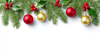 Festive Holiday Decoration with Spruce Twigs, Holly Berries, and Baubles. Ai Generated Images
