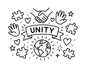 Unity and diversity: handshake and world symbol with puzzle and heart elements