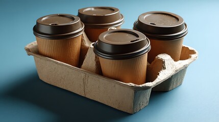 Takeout Coffee Cups in Tray Four Drinks on Blue Background