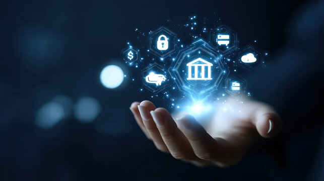 Modern Hologram of Banking and Finance Concept on Human Hand. Ai Generated Images