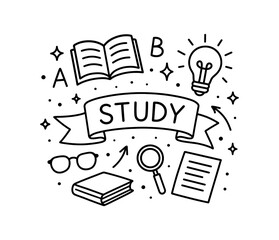 Fototapeta premium Study concept with open book, light bulb, and icons in doodle style