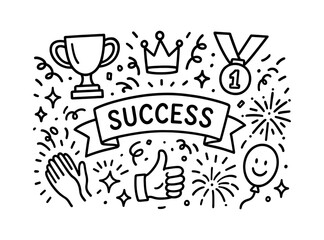 Celebration icons: trophy, crown, medal, and success banner in linear style