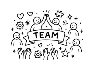 Teamwork success: hand-drawn doodle with happy people celebrating collaboration and unity