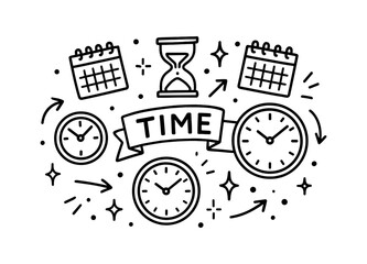 Time management icons in linear style with clocks and calendars