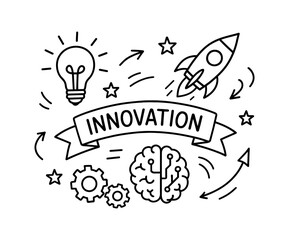 Creative innovation concept with rocket, brain, and light bulb in linear style