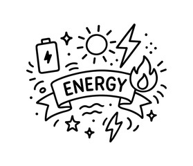 Doodle style energy symbols with sun, battery, and fire elements in black and white