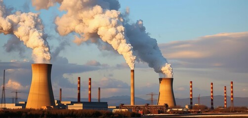 Massive coal plant chimneys emitting dark plumes of smoke, sky, pollution
