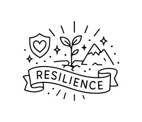 Resilience emblem: growth and protection with heart and mountain symbol