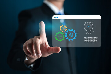 businessman uses tools an AI assistant to represent smart technology, artificial intelligence innovation, virtual help