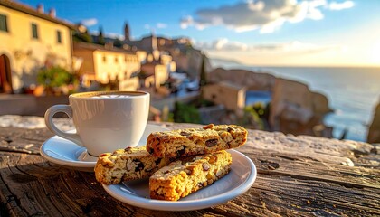 Close Up View Of Coffee Cup With Biscotti On Wooden Table With Coastal Town Background During Sunset