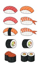 Naklejka premium Delicious Assortment of Fresh Sushi and Maki Rolls on White Background.