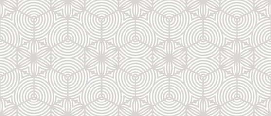 Vector floral geometric seamless pattern. Abstract minimal texture with hexagonal grid, curved lines, circles, flower silhouettes. Gray and white geo background. Repeated design for decor, wallpaper