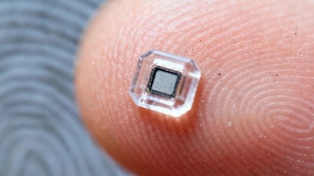 Futuristic Macro Shot: Fingers Holding Tiny Secure Microchip for Biometric Identification