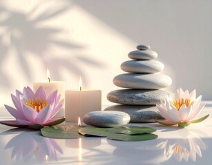 Serene spa arrangement with stacked zen stones, glowing candles, and delicate pink water lilies.