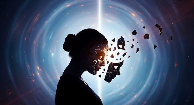 Womans Head Dissolving into Cosmic Nebula with Inner Light.