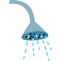 Gray Shower Head with Flowing Water Droplets Isolated on White Background Simple Illustration