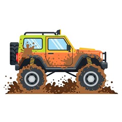 Naklejka premium Pixelated Off Road Vehicle Splashing Through Muddy Terrain on White Background