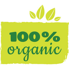Green 100 Percent Organic Text With Stylized Leaf Icons On A Light Green Brush Stroke Background Representing Natural And Healthy Products