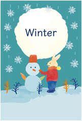 12月の雪景色とウサギと雪だるま　水彩で描いた可愛い手書きのカードに最適なベクラーイラスト素材