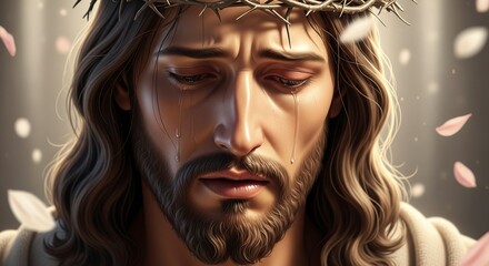 Close up portrait of jesus christ wearing a crown of thorns with eyes closed in contemplation and divine light illuminating his face with soft petals falling