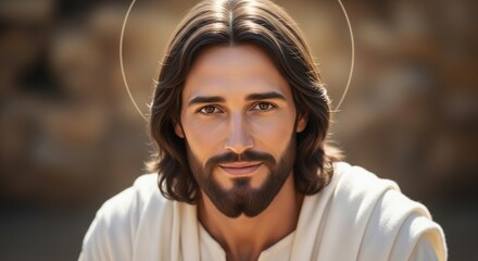 Close up portrait of jesus christ with a gentle gaze and a subtle halo conveying hope and divine presence in a warm natural setting