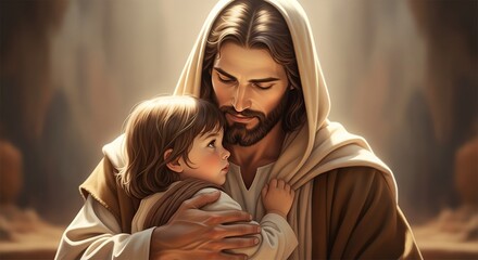Jesus christ tenderly embraces a young child in a warm divine light symbolizing love faith hope and spiritual guidance in a sacred moment