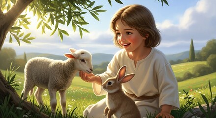A young boy with gentle eyes and a warm smile lovingly interacts with a lamb and a rabbit in a sunlit meadow surrounded by rolling hills and olive trees