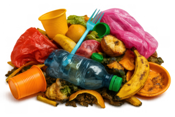 Pile of household waste featuring plastic bottles, bags, and food scraps, representing environmental pollution and composting