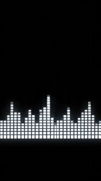 White equalizer bars glow on black backdrop, varying heights form a skyline