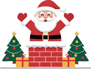 Cute Christmas Scene with Santa in Chimney, Trees, and Gifts