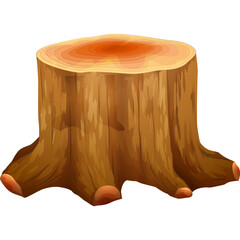 A detailed illustration of a thick brown tree stump with visible growth rings and rough bark...
